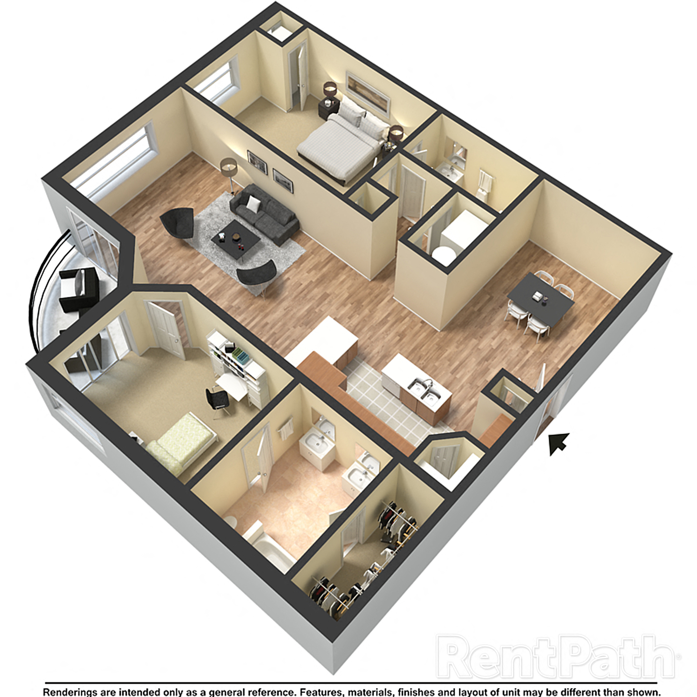 Floor plan for 2 beds, 2 baths, 1380 sqft