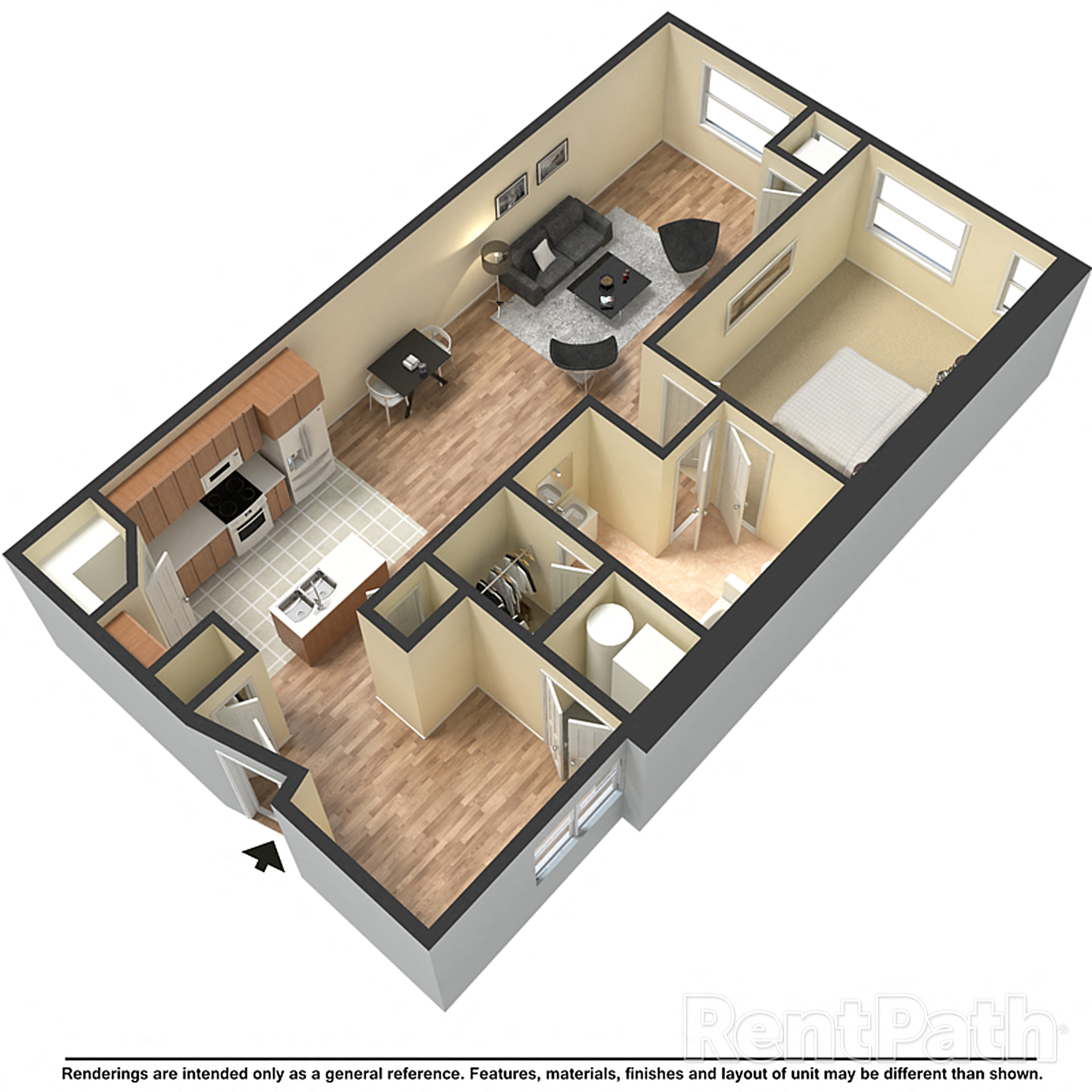 Floor plan for 1 bed, 1 bath, 875 sqft