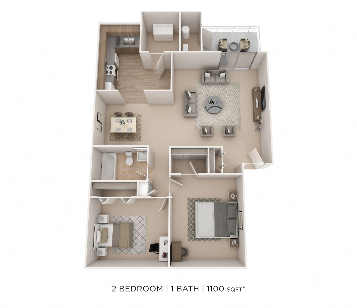 Floor plan for 2 beds, 1 bath, 1100 sqft