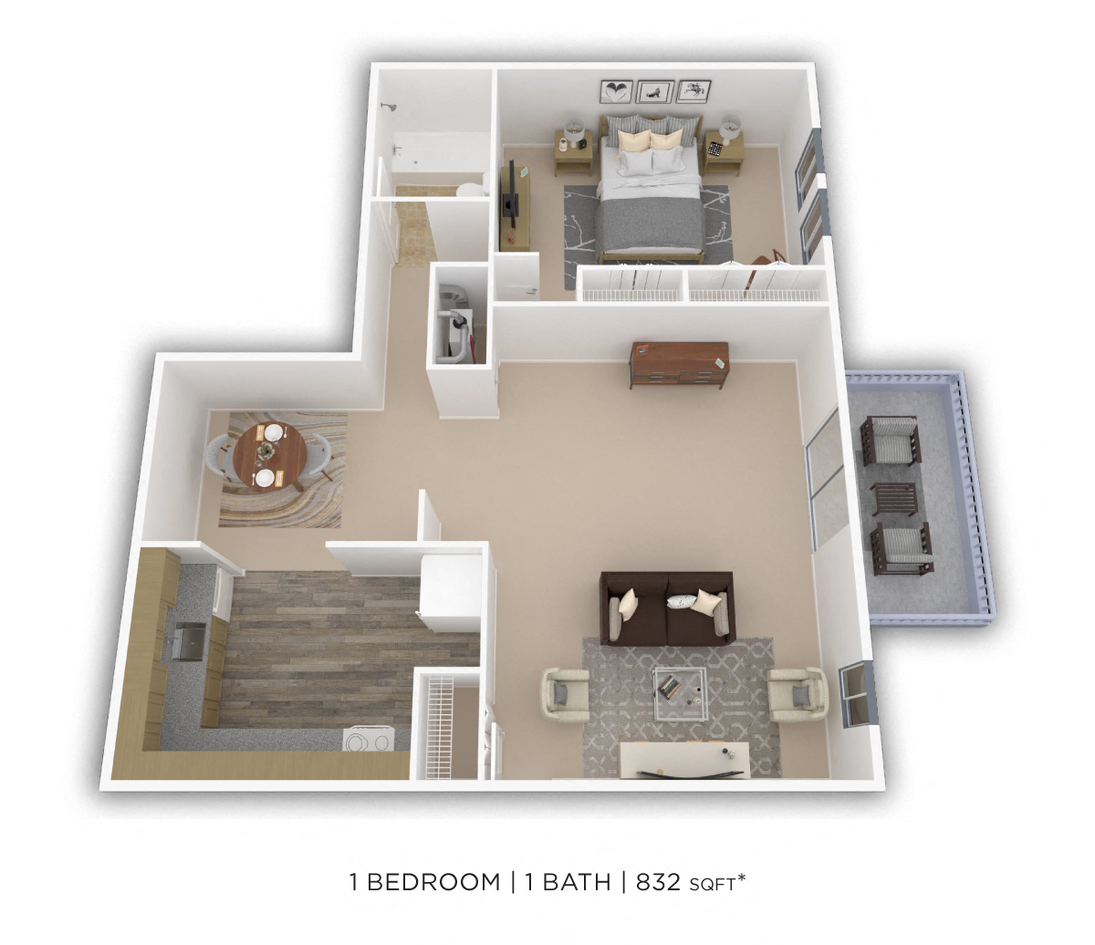 Floor plan for 1 bed, 1 bath, 832 sqft