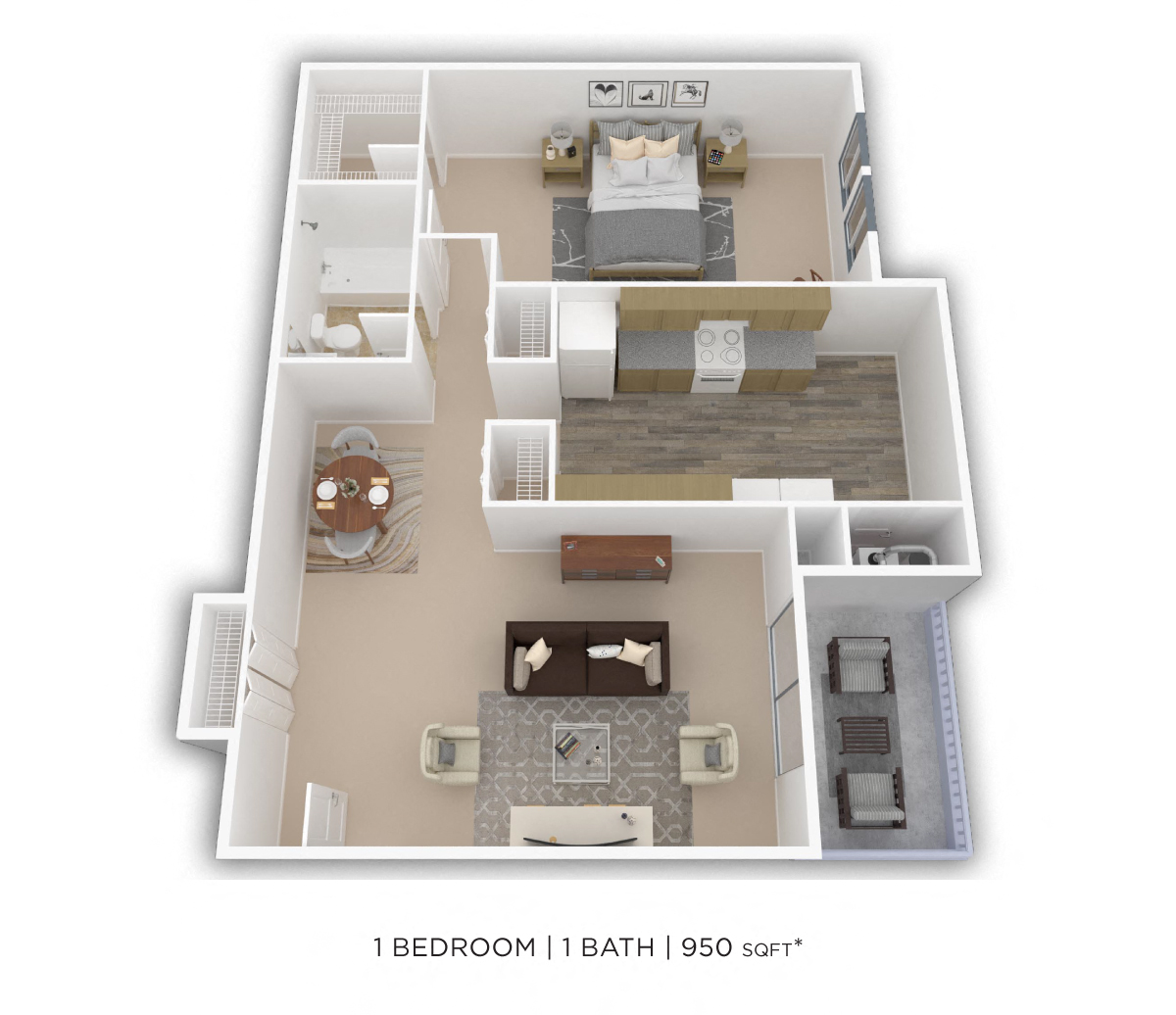 Floor plan for 1 bed, 1 bath, 950 sqft