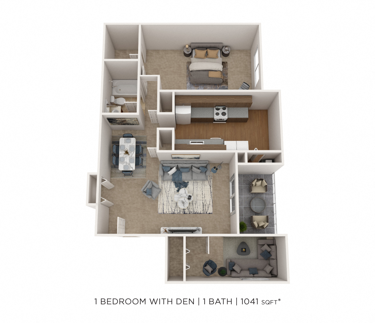 Floor plan for 1 bed, 1 bath, 1041 sqft