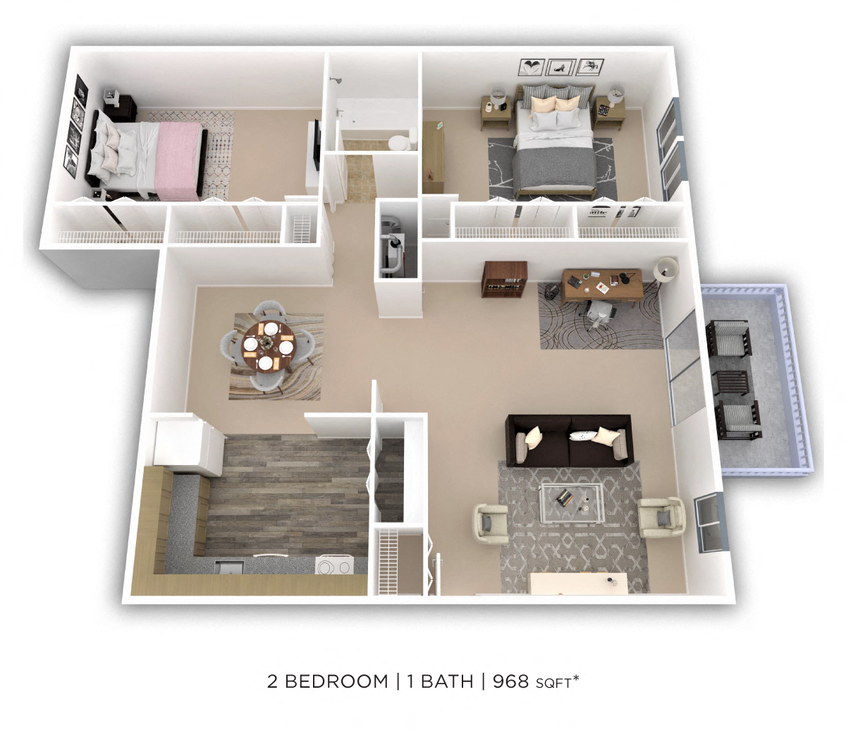 Floor plan for 2 beds, 1 bath, 968 sqft
