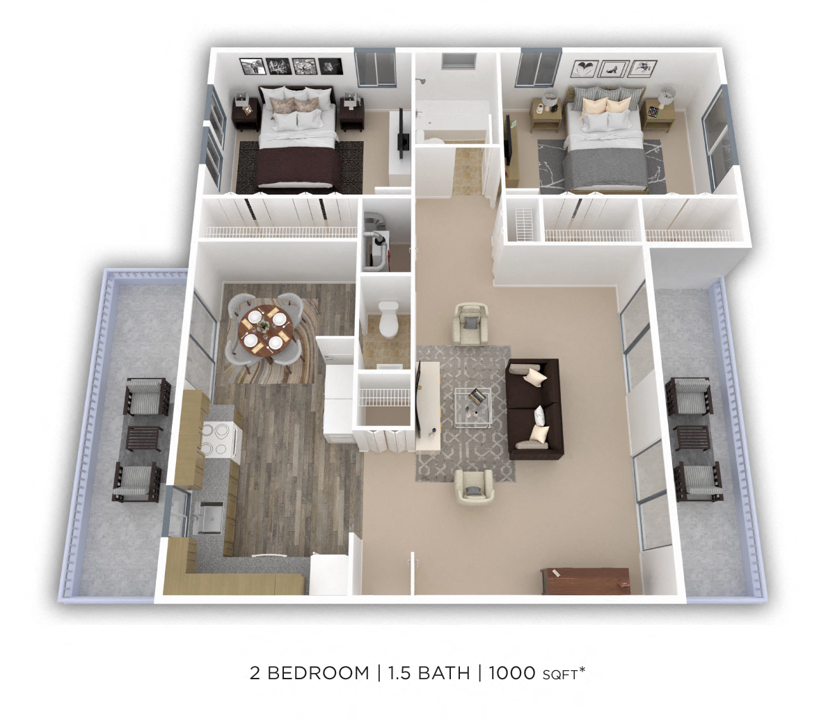 Floor plan for 2 beds, 1.5 baths, 1000 sqft