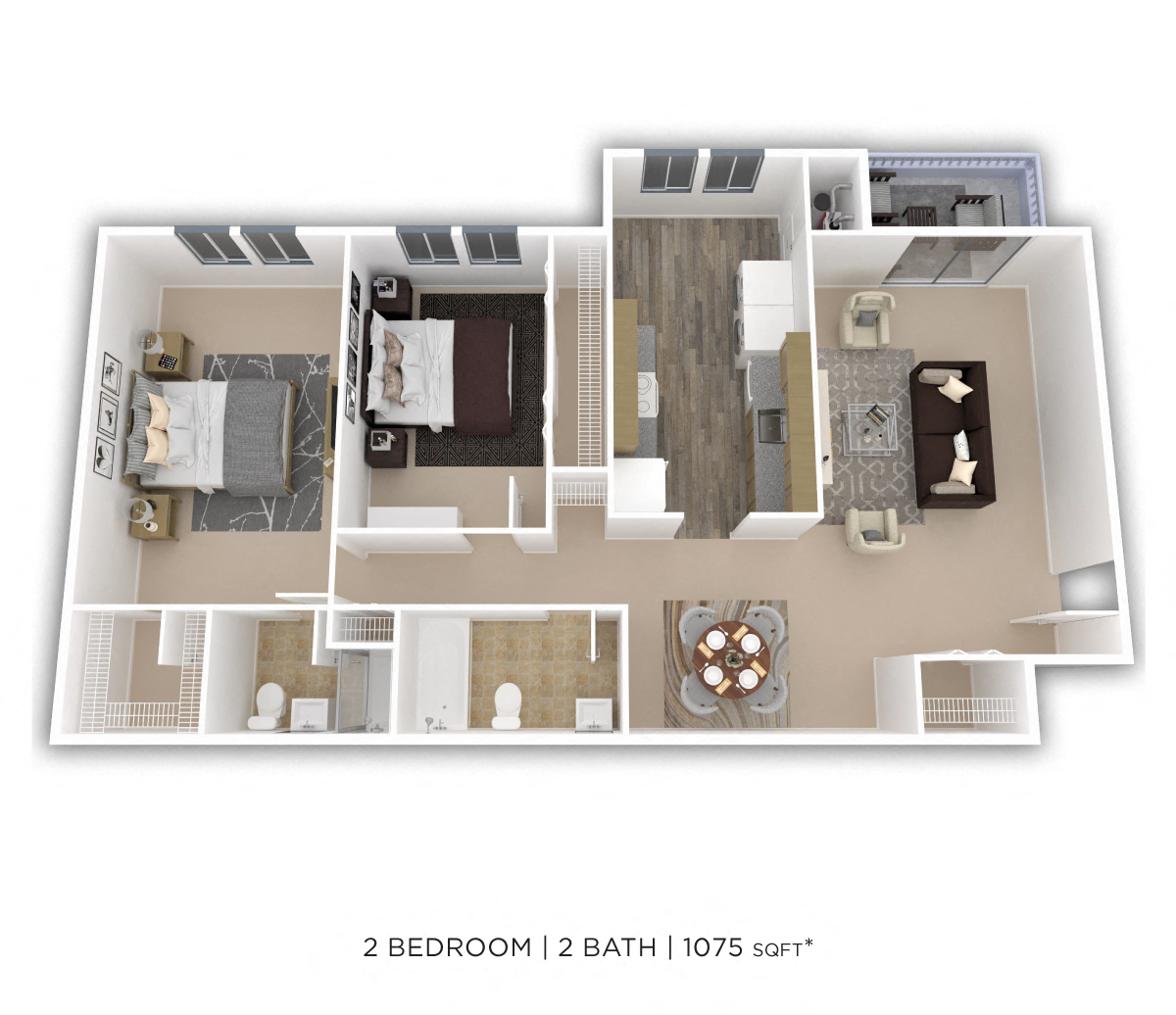 Floor plan for 2 beds, 2 baths, 1075 sqft