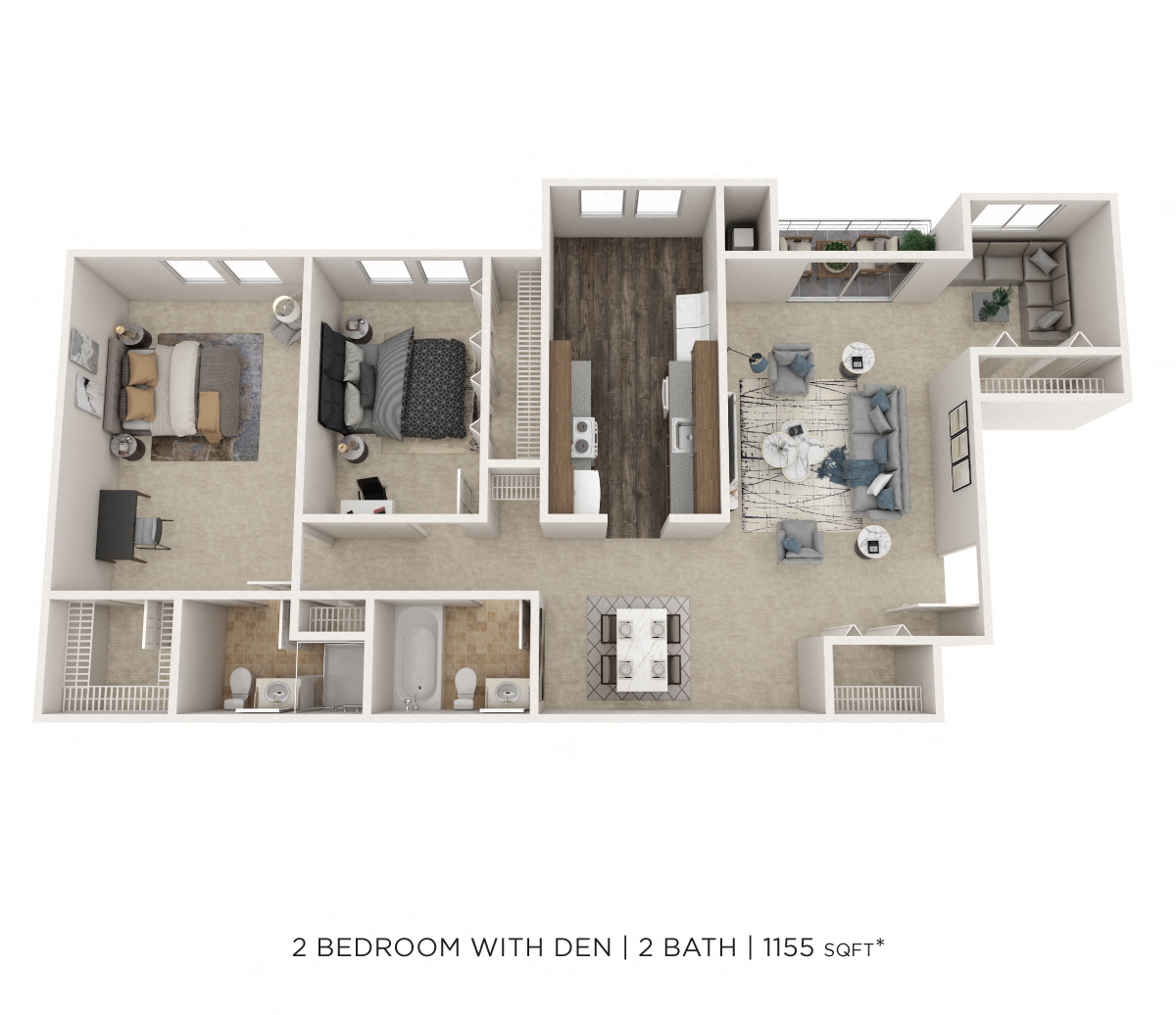 Floor plan for 2 beds, 2 baths, 1155 sqft