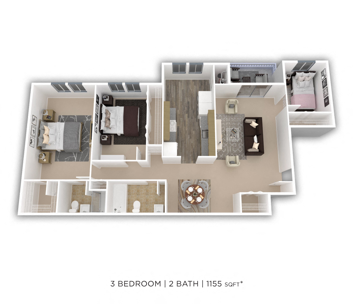 Floor plan for 3 beds, 2 baths, 1155 sqft