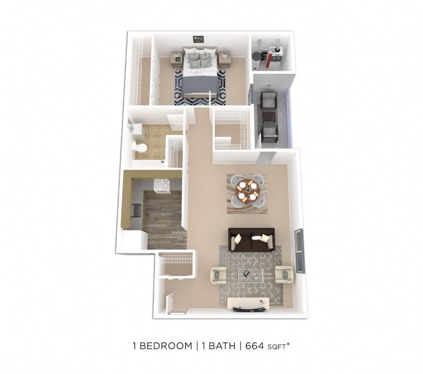 Floor plan for 1 bed, 1 bath, 664 sqft