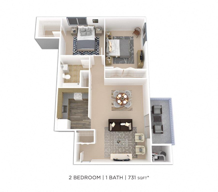 Floor plan for 2 beds, 1 bath, 731 sqft