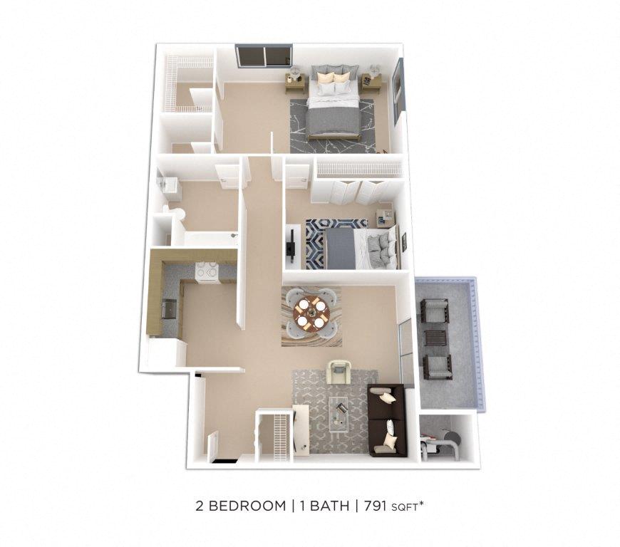 Floor plan for 2 beds, 1 bath, 791 sqft