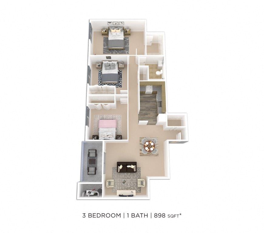 Floor plan for 3 beds, 1 bath, 898 sqft