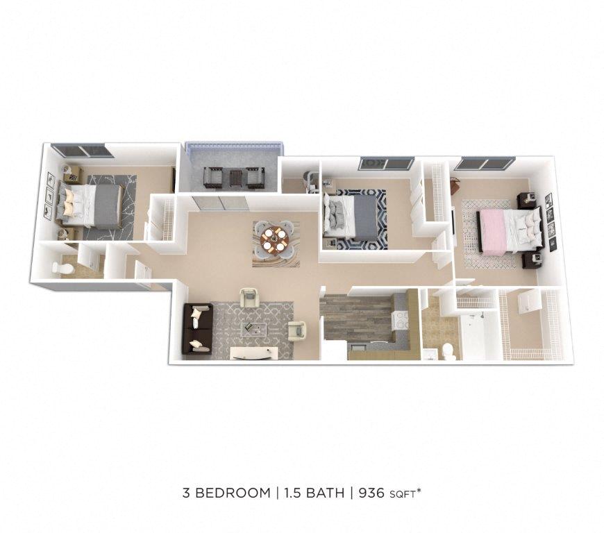 Floor plan for 3 beds, 1.5 baths, 936 sqft
