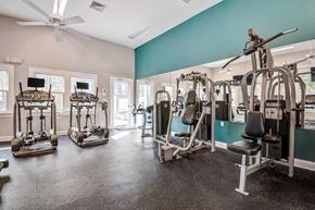 Lexington Park townhouse for rent - A gym with a variety of equipment including a rowing machine, a leg press machine, and a chest press machine.
