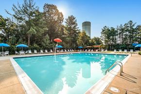 Lexington Park townhouse for rent - A large swimming pool with a waterfall feature and lounge chairs.