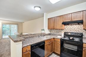 Lexington Park townhouse for rent - A kitchen with a black stove top oven and a counter top.
