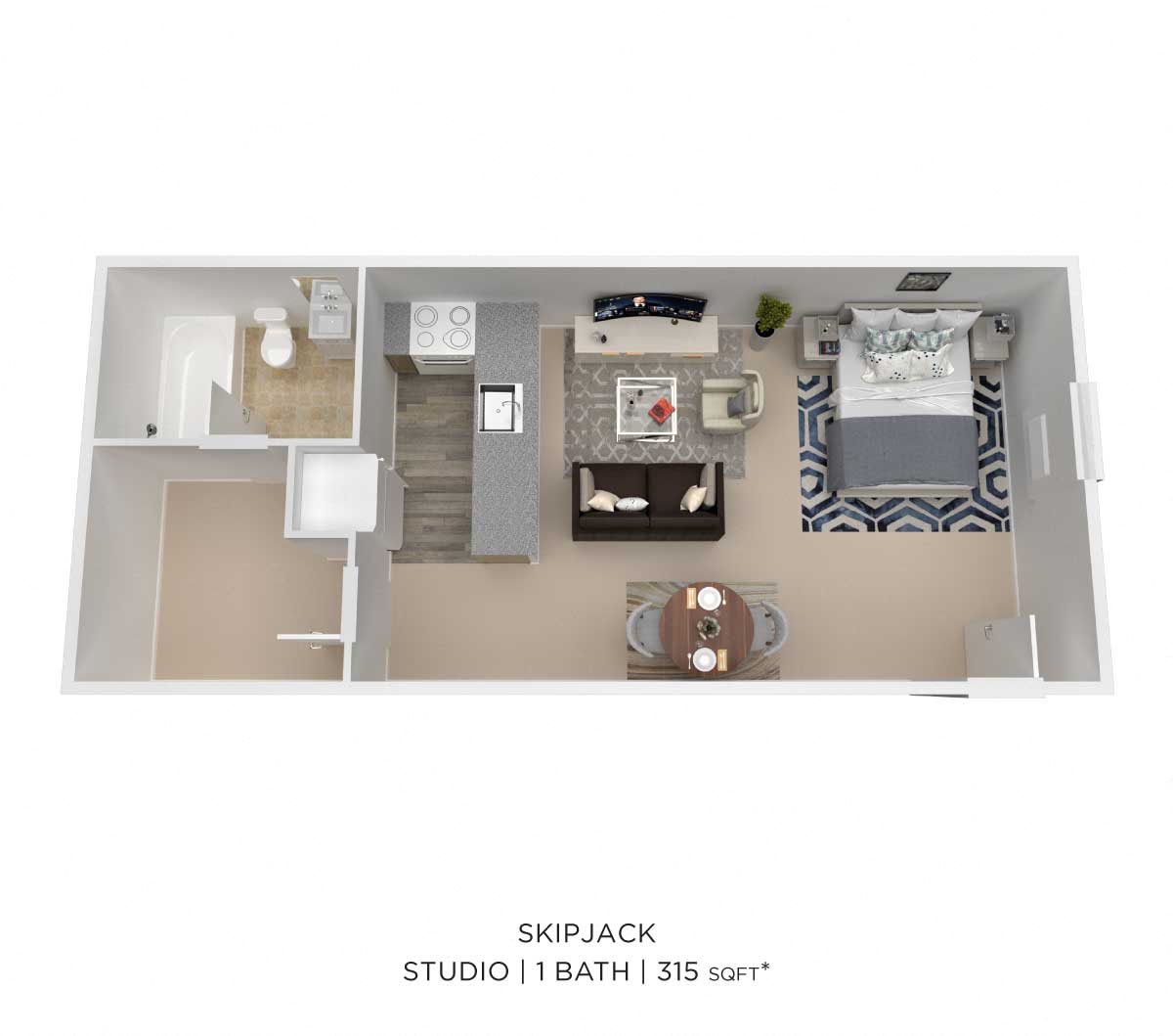 Floor plan for studio, 1 bath, 630 sqft