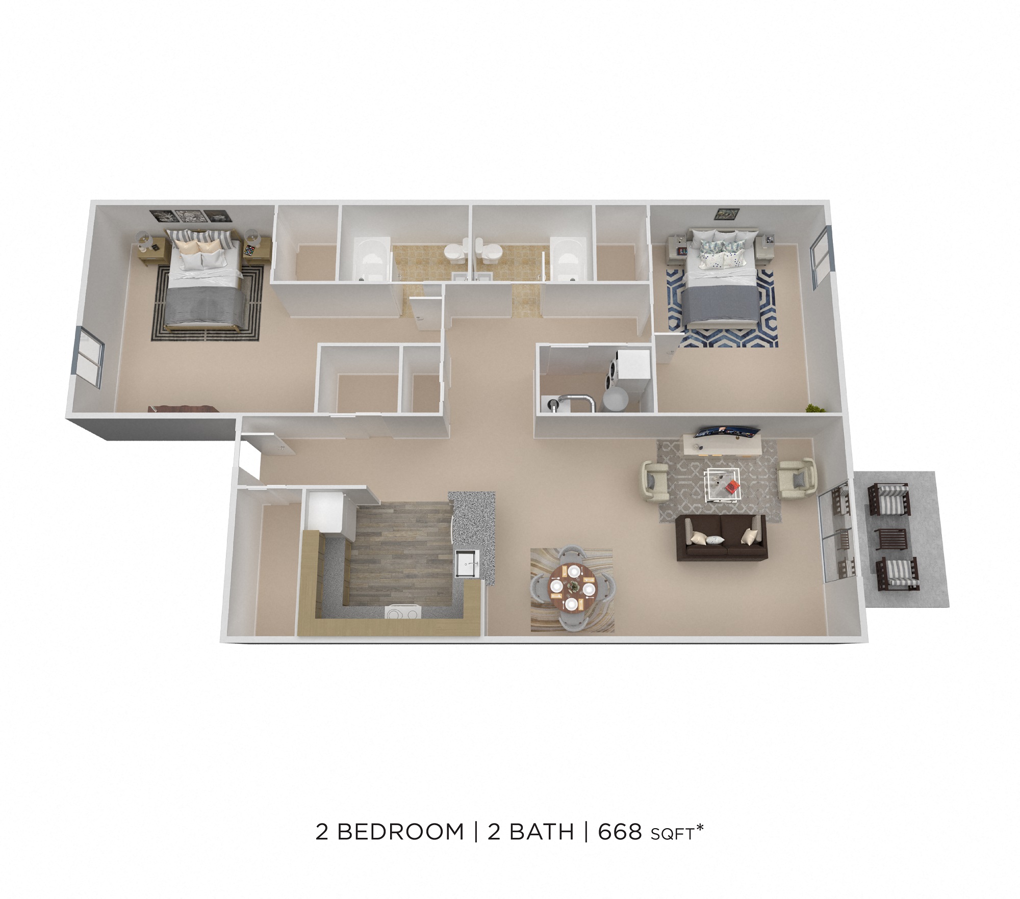 Floor plan for 2 beds, 2 baths, 655 sqft
