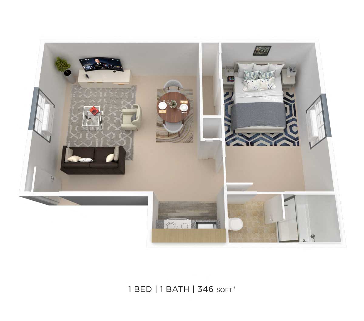 Floor plan for 1 bed, 1 bath, 346 sqft