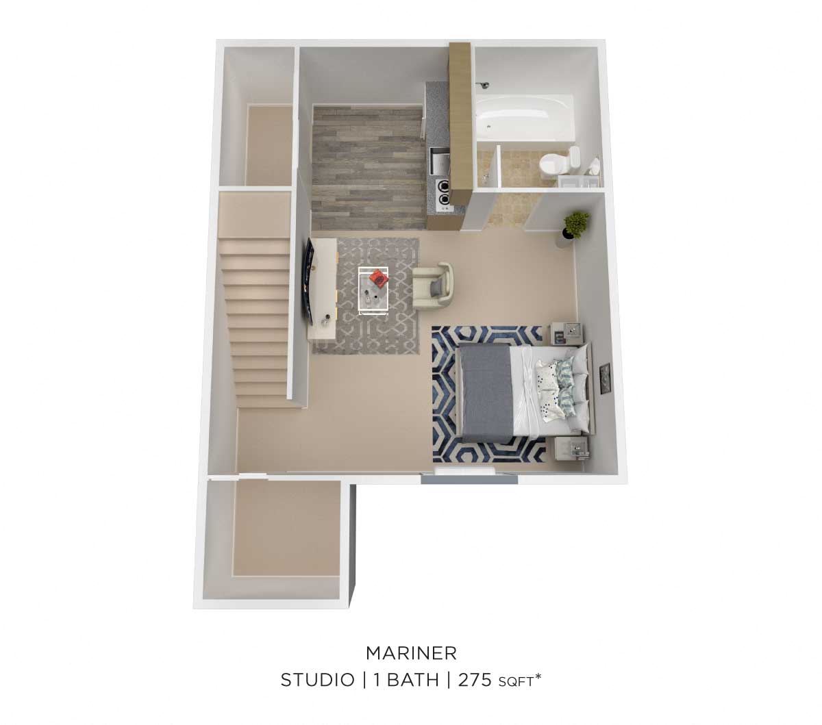 Floor plan for studio, 1 bath, 275 sqft