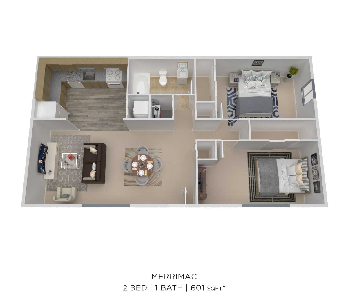 Floor plan for 2 beds, 1 bath, 601 sqft