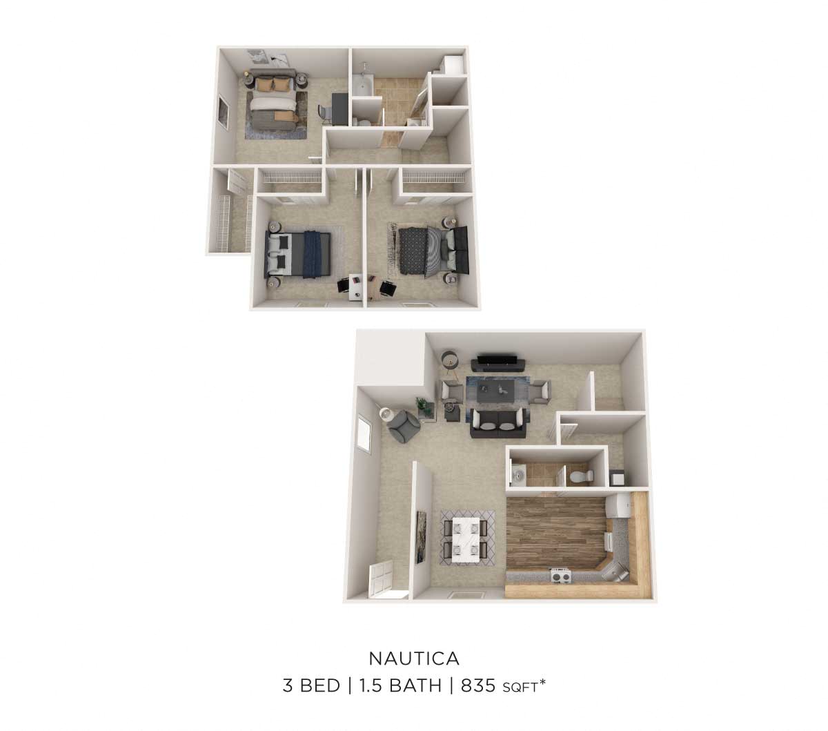 Floor plan for 3 beds, 1.5 baths, 835 sqft