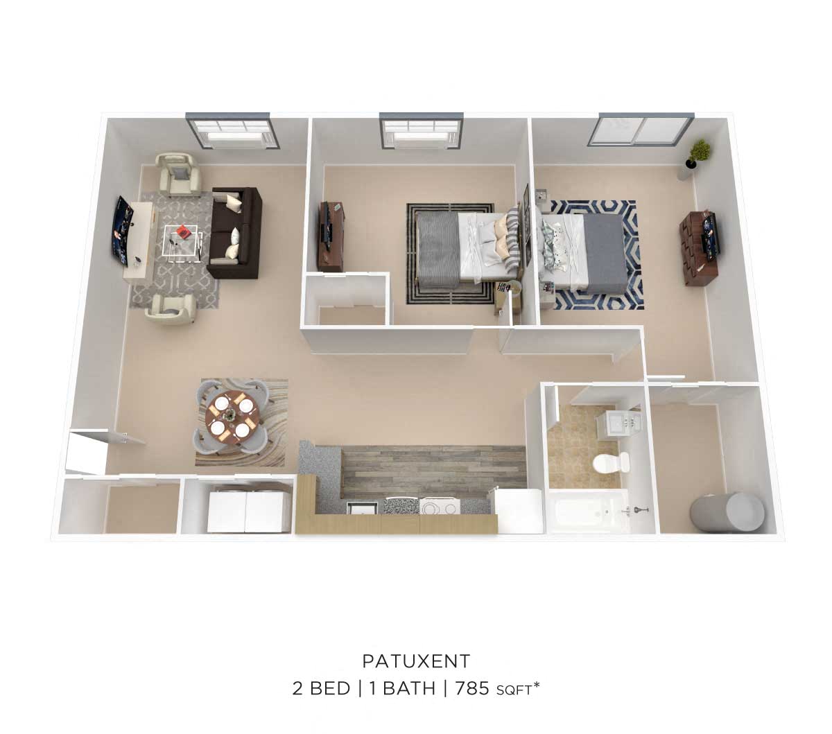 Floor plan for 2 beds, 1 bath, 785 sqft