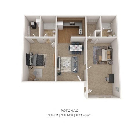 Floor plan for 2 beds, 2 baths, 873 sqft
