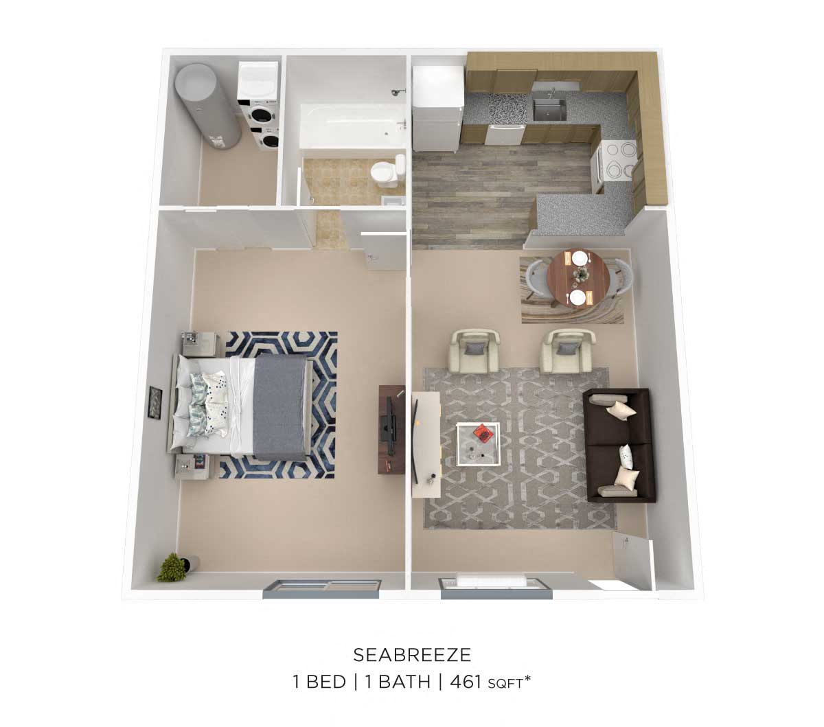 Floor plan for 1 bed, 1 bath, 461 sqft