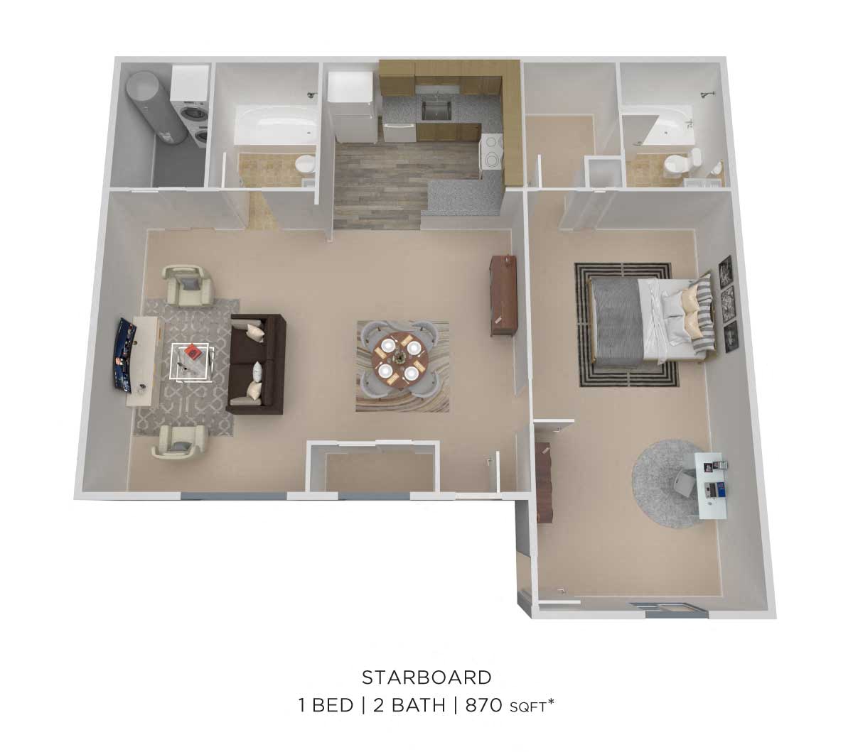 Floor plan for 1 bed, 2 baths, 870 sqft