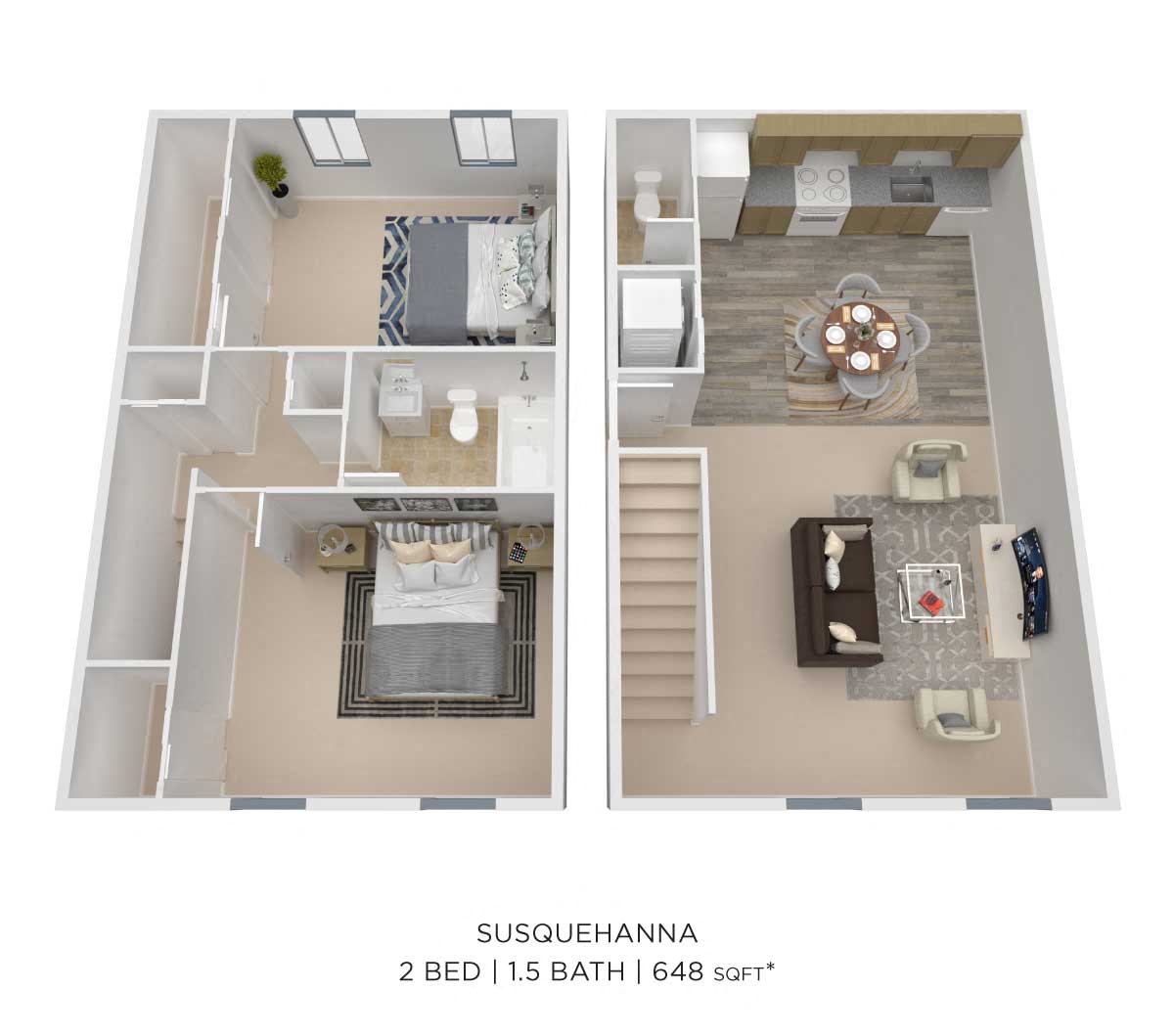 Floor plan for 2 beds, 1.5 baths, 648 sqft
