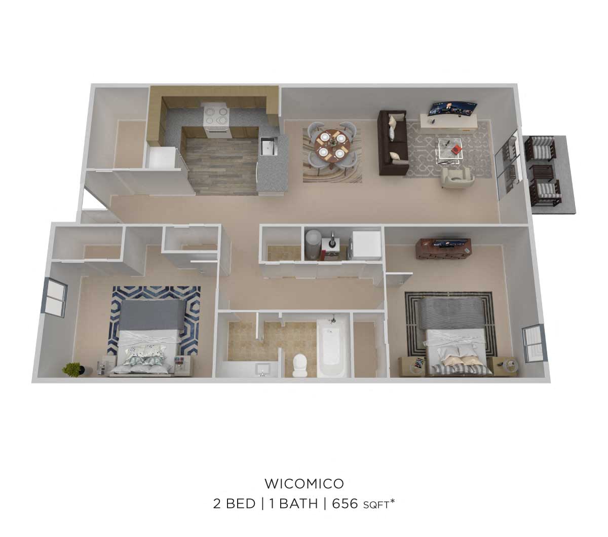 Floor plan for 2 beds, 1 bath, 656 sqft