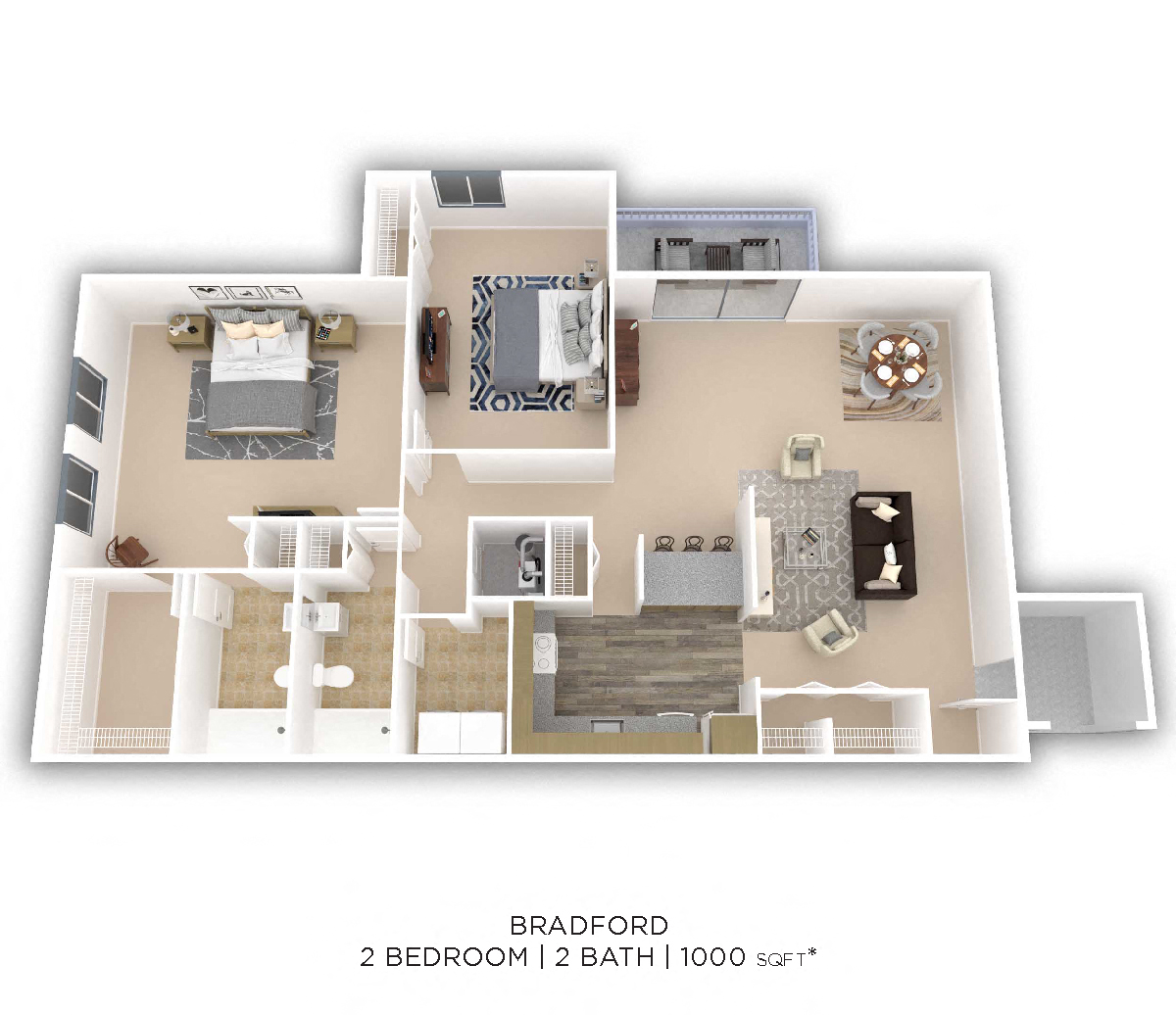 Floor plan for 2 beds, 2 baths, 1000 sqft