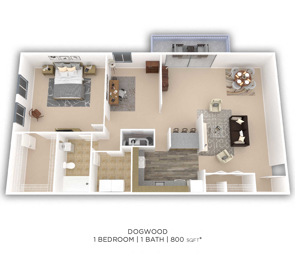 Floor plan for 1 bed, 1 bath, 798 sqft