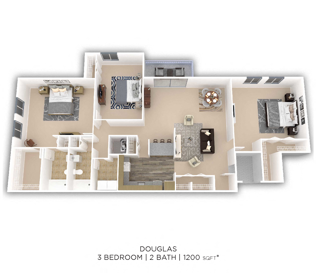 Floor plan for 3 beds, 2 baths, 1200 sqft