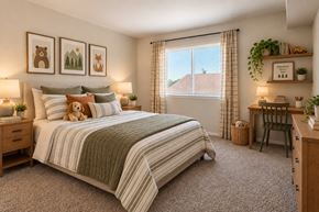 Westminster apartment for rent - A cozy bedroom with a large bed and a window with curtains.