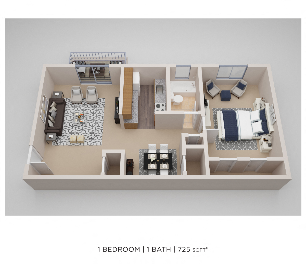 Floor plan for 1 bed, 1 bath, 725 sqft