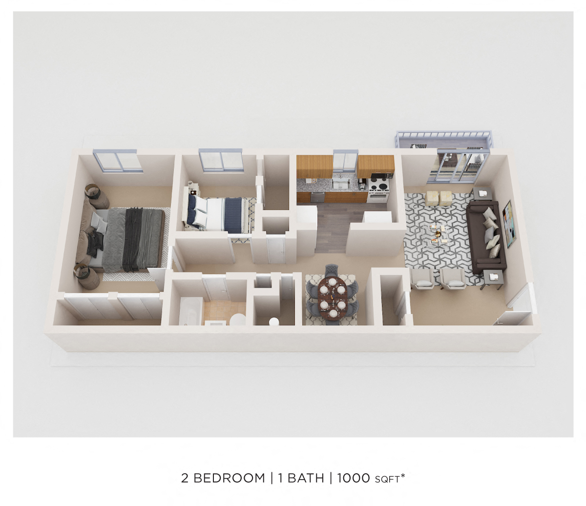 Floor plan for 2 beds, 1 bath, 1000 sqft