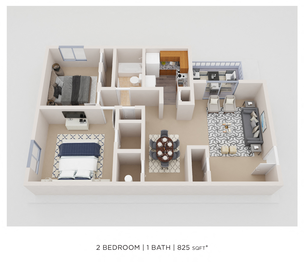 Floor plan for 2 beds, 1 bath, 825 sqft