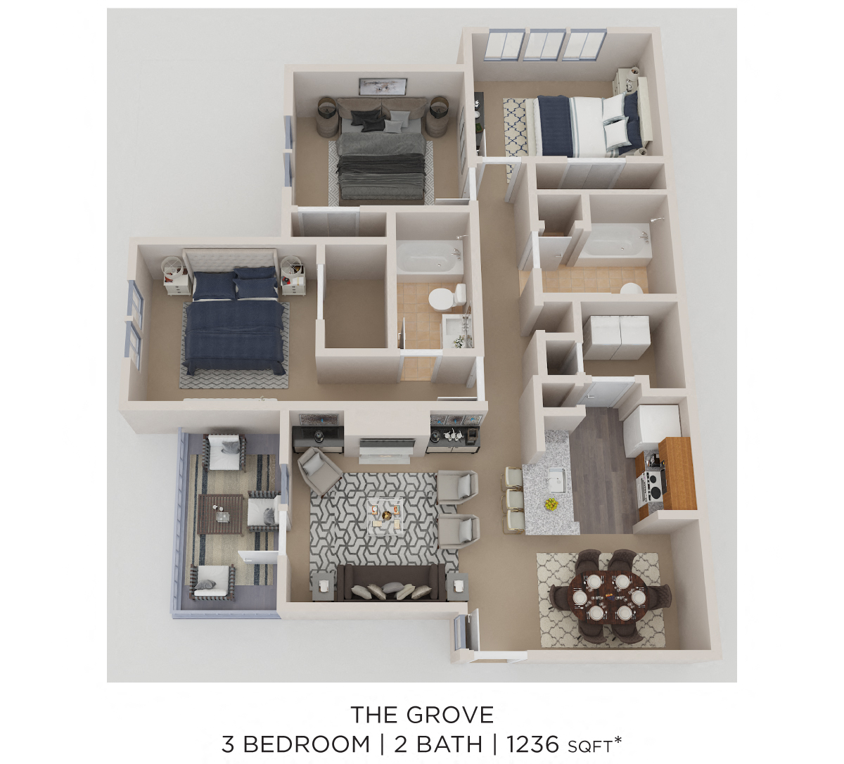 Floor plan for 3 beds, 2 baths, 1236 sqft