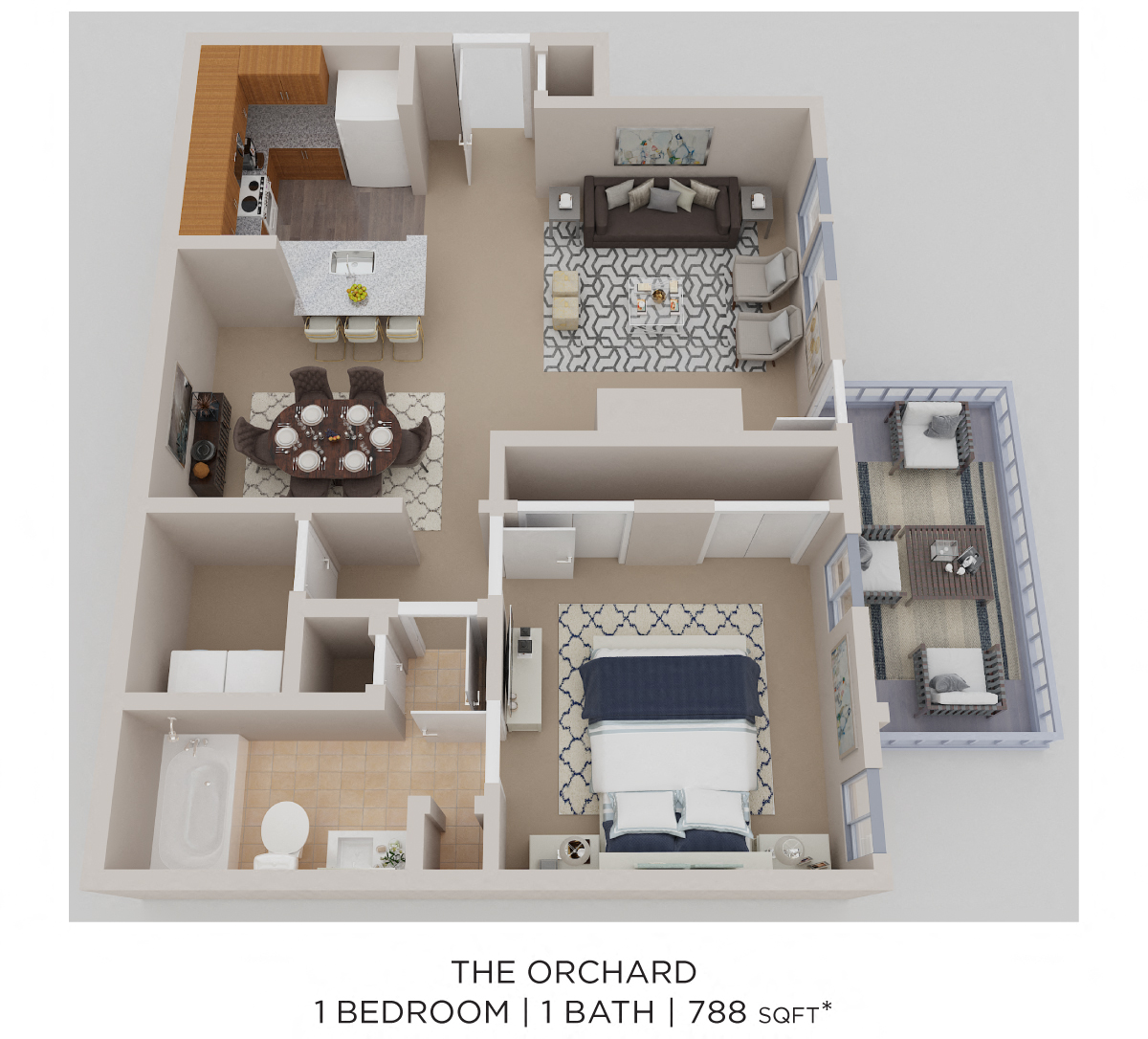 Floor plan for 1 bed, 1 bath, 788 sqft