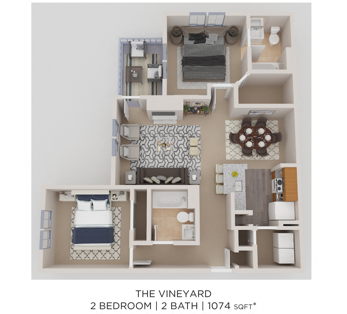 Floor plan for 2 beds, 2 baths, 1074 sqft