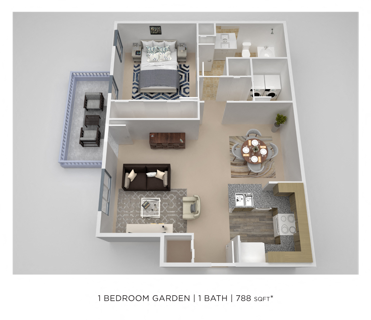 Floor plan for 1 bed, 1 bath, 788 sqft