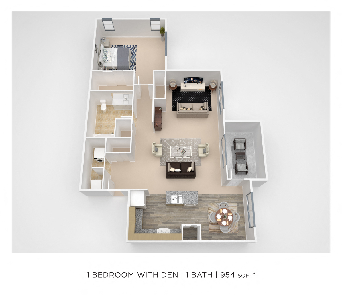 Floor plan for 1 bed, 1 bath, 954 sqft