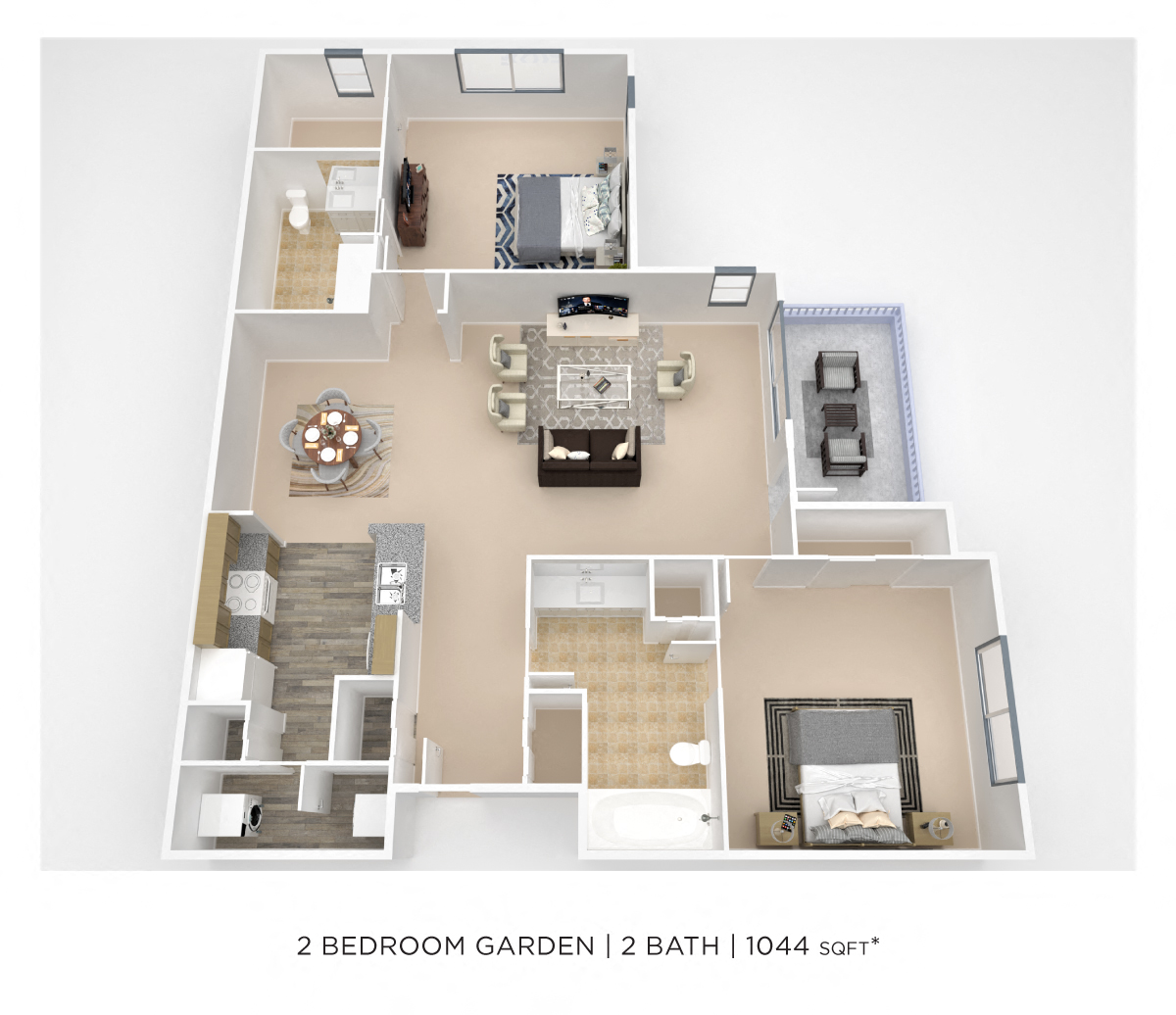 Floor plan for 2 beds, 2 baths, 1044 sqft
