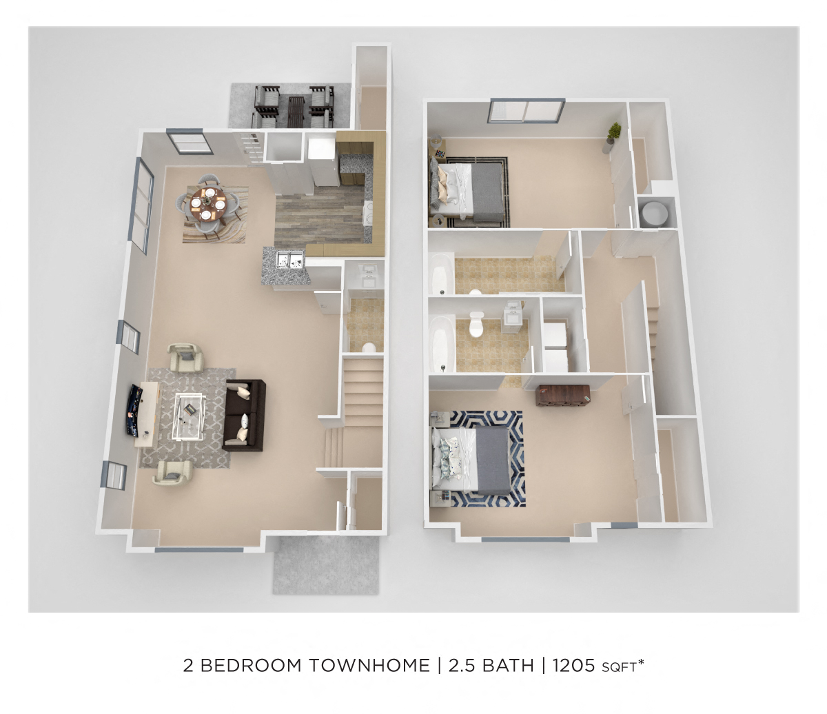 Floor plan for 2 beds, 2.5 baths, 1205 sqft
