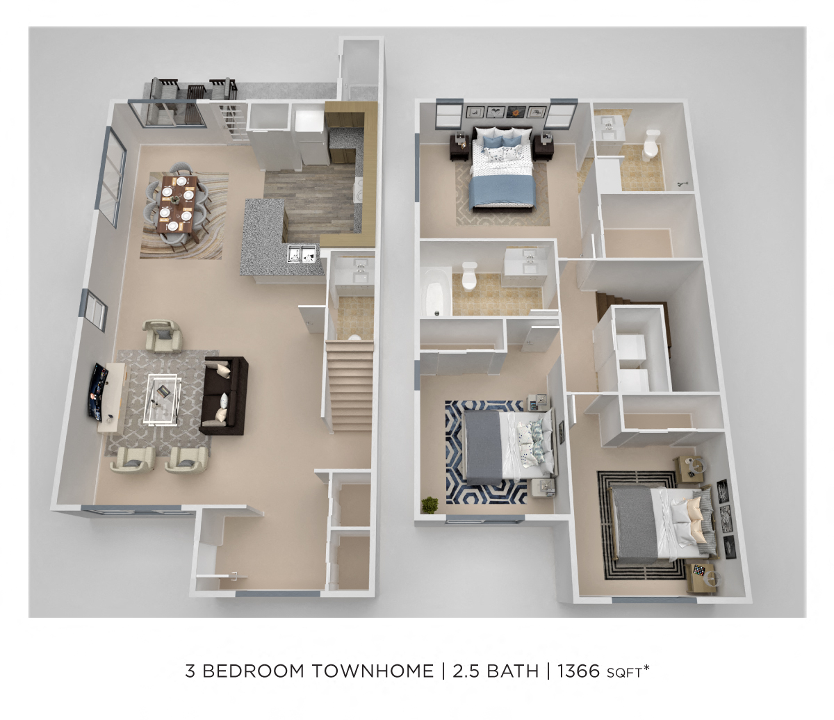 Floor plan for 3 beds, 2.5 baths, 1366 sqft