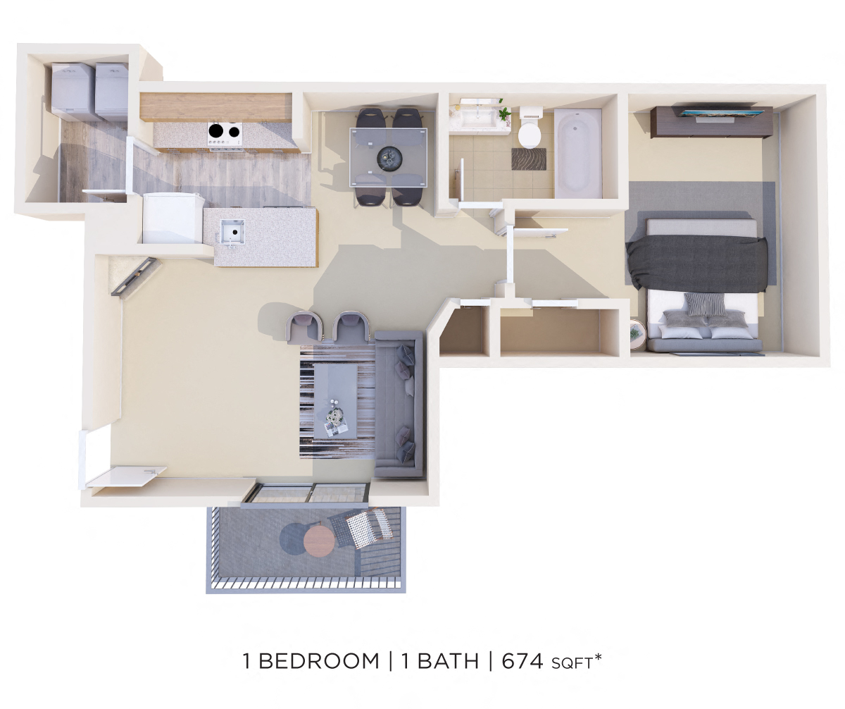 Floor plan for 1 bed, 1 bath, 674 sqft