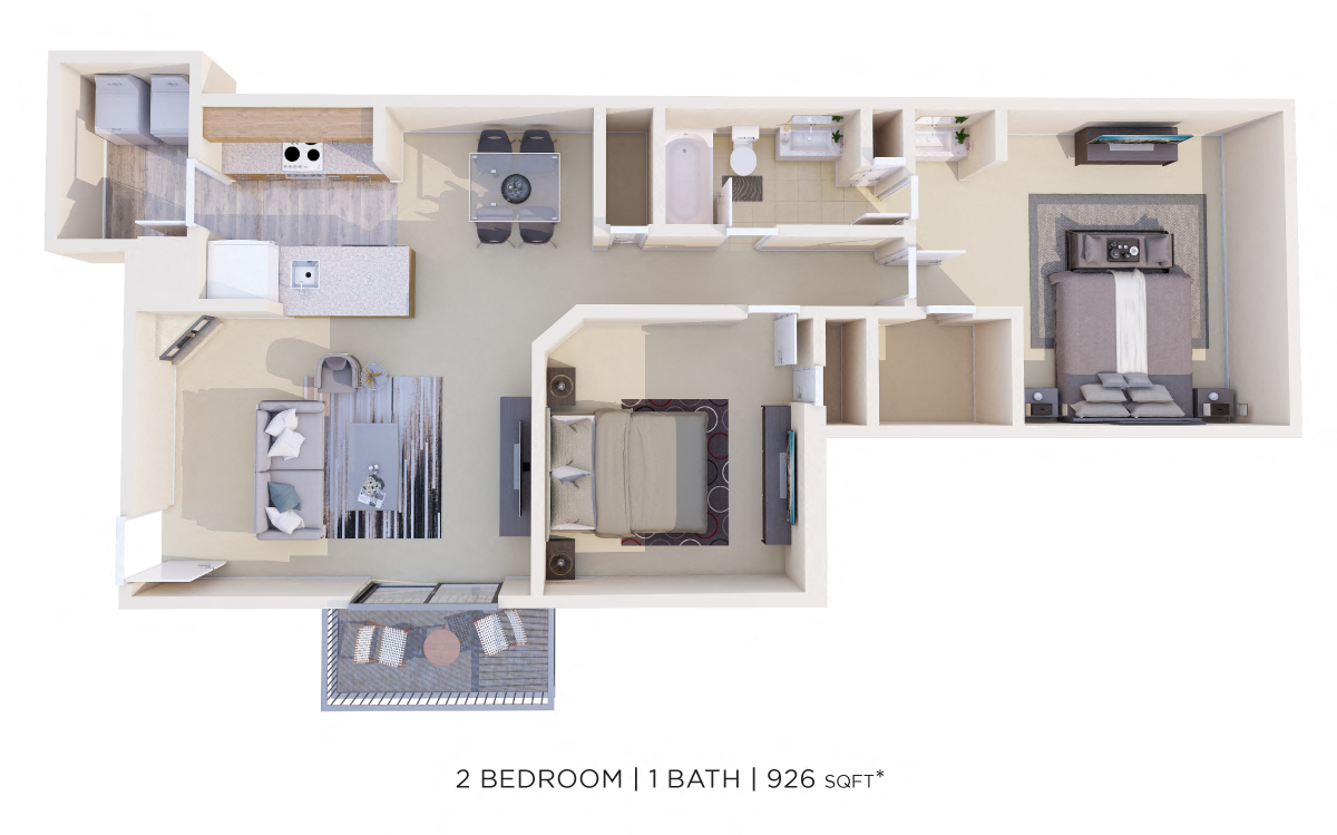 Floor plan for 2 beds, 1 bath, 926 sqft