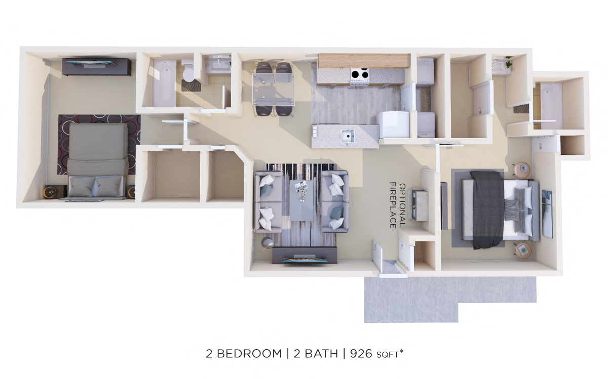 Floor plan for 2 beds, 2 baths, 926 sqft