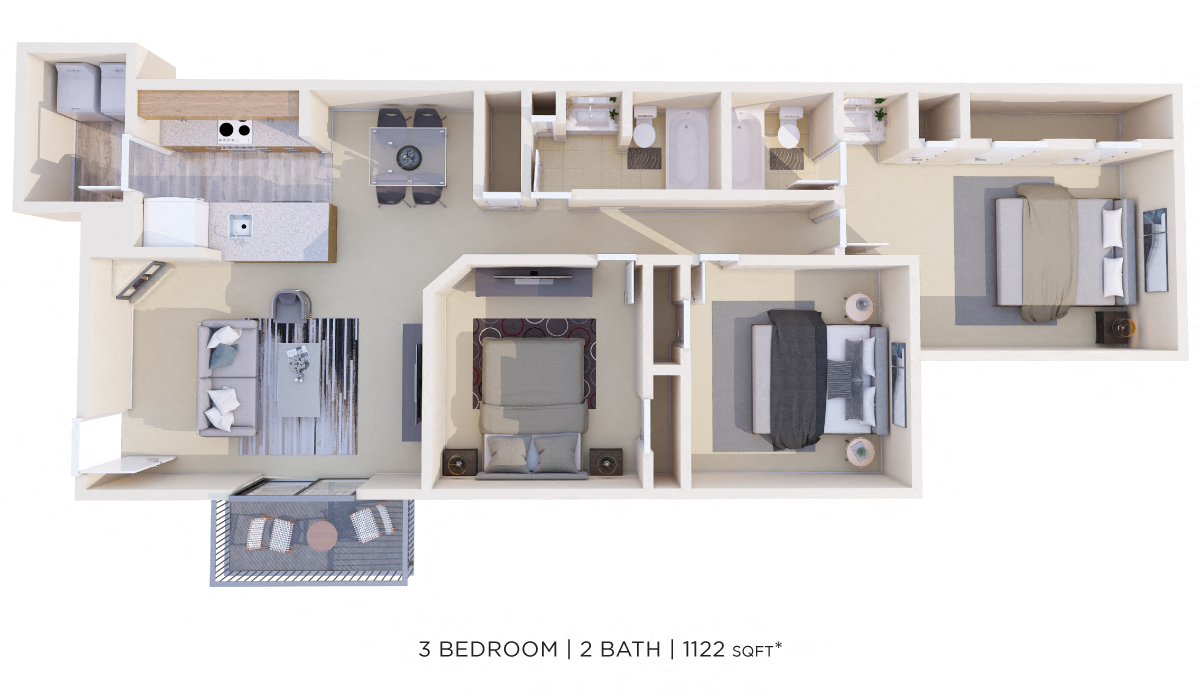 Floor plan for 3 beds, 2 baths, 1122 sqft